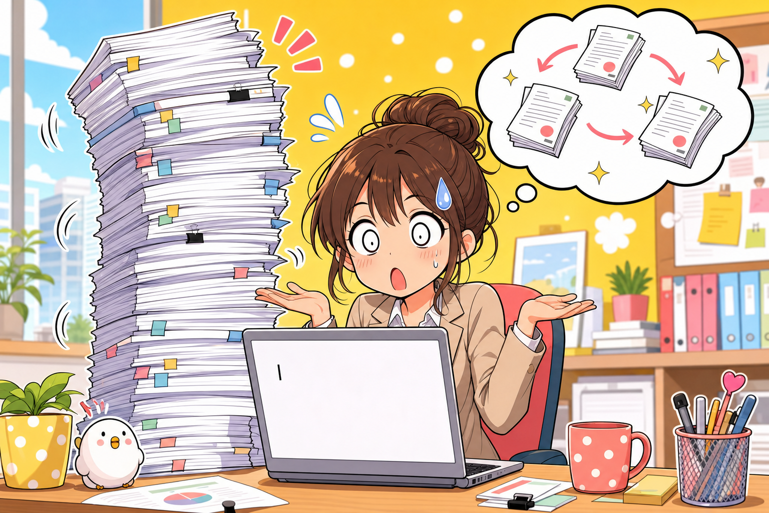 情景：書類の山に困惑する担当者